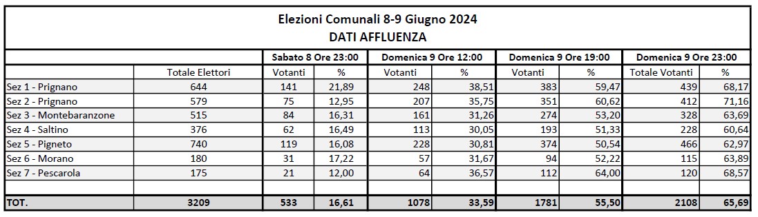 Affluenza votanti Elezioni Comunali 8-9 Giugno 2024